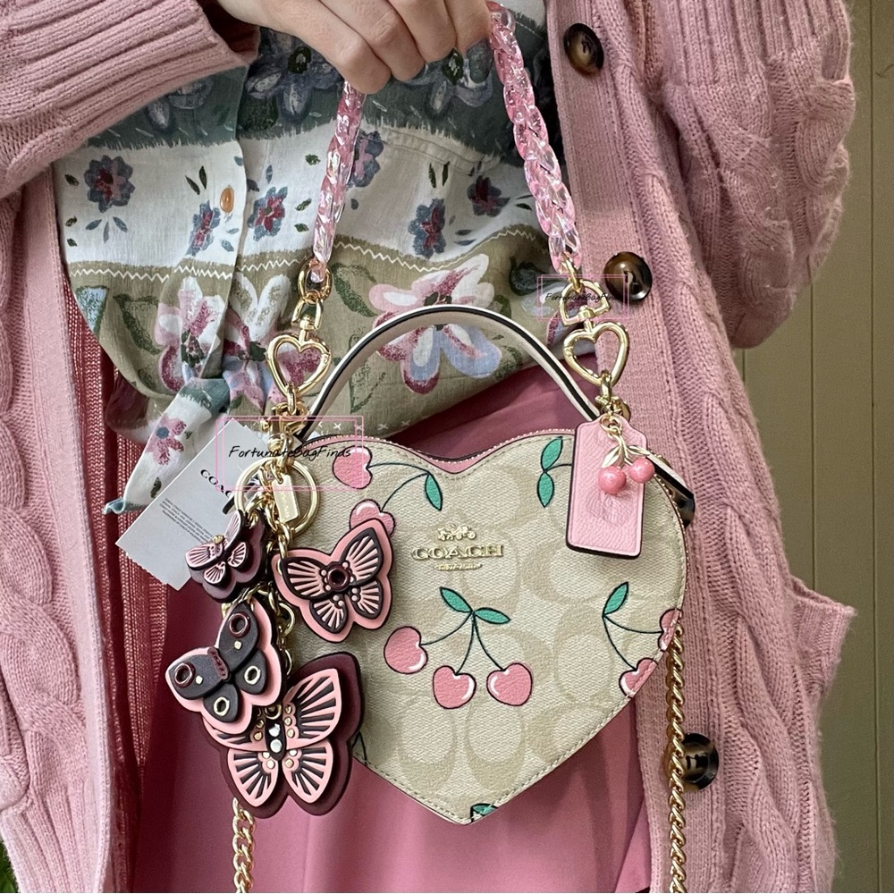 Coach Set Heart Cherry Print Heart Shaped Crossbody Butterfly Cluster Charm - Picture 4 of 14
